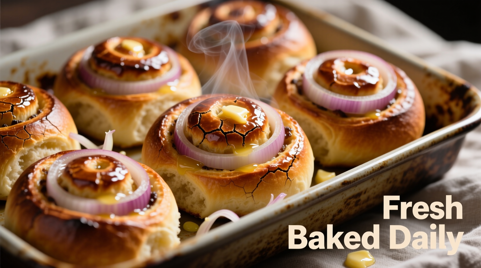 Perfect golden brown onion rolls fresh from oven
