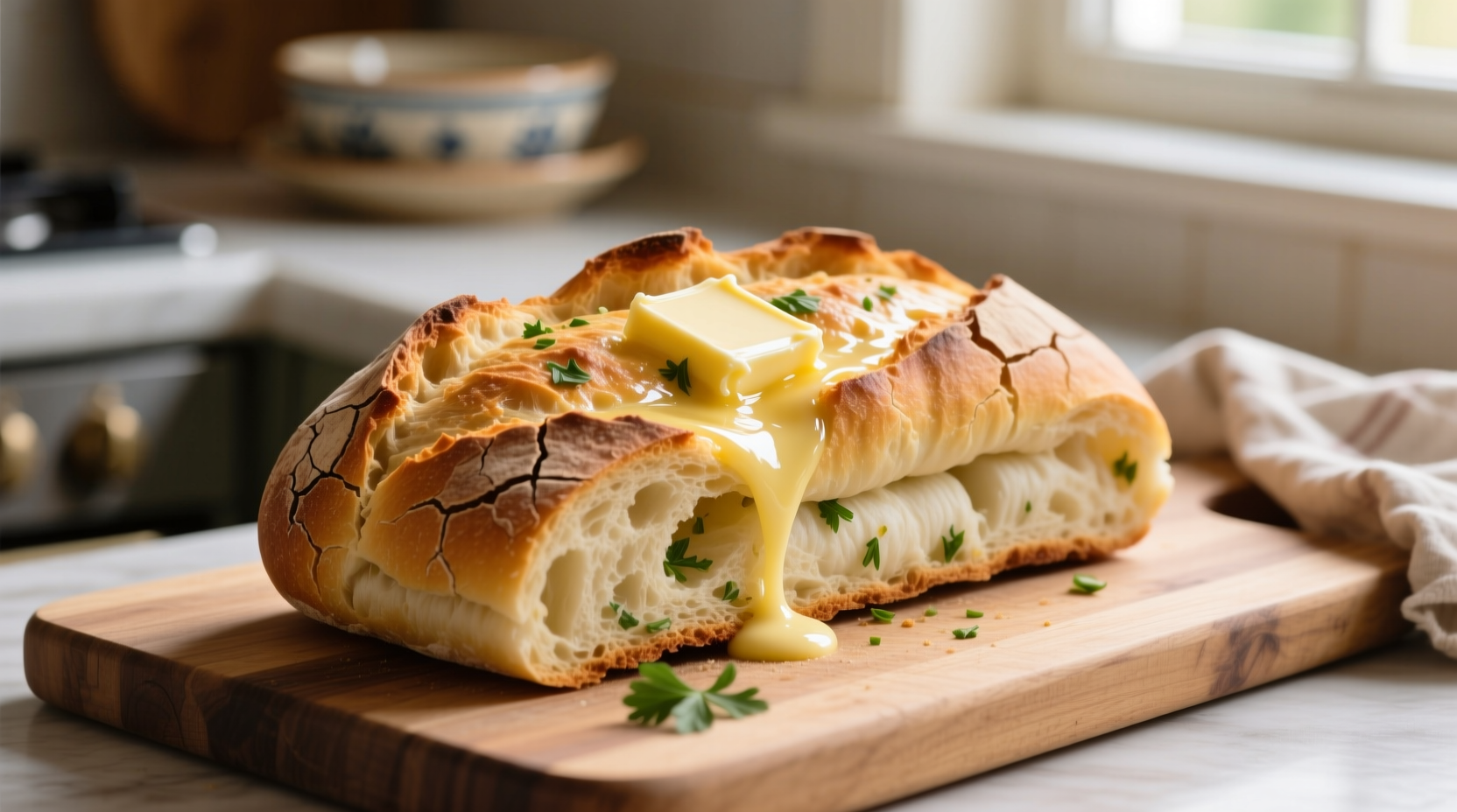 Freshly baked garlic bread with golden crust and melted butter