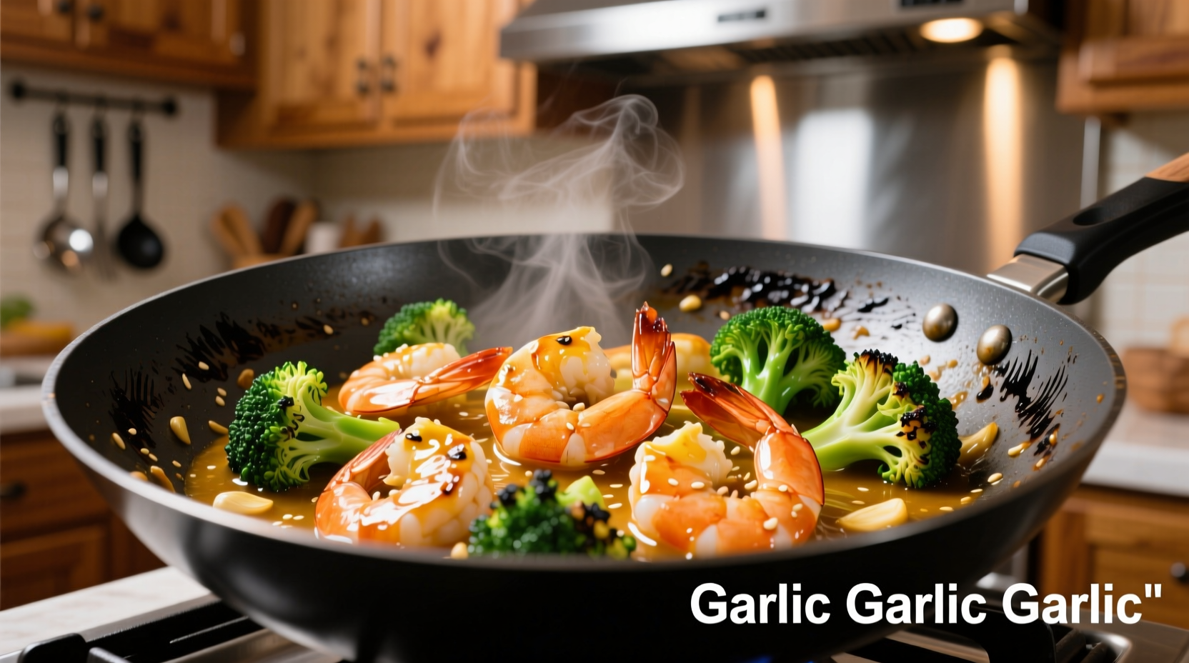 Perfect shrimp and broccoli in garlic sauce in wok