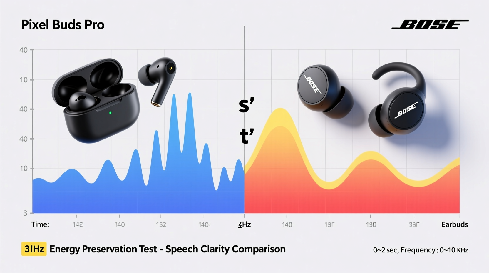 Side-by-side spectrogram showing Pixel Buds Pro preserving sharp 3kHz energy peaks in spoken 's' and 't' sounds, while Bose QC Earbuds display noticeable attenuation in that same band