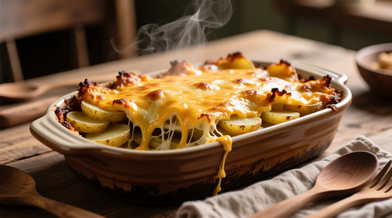 Golden brown potato casserole with melted cheese topping