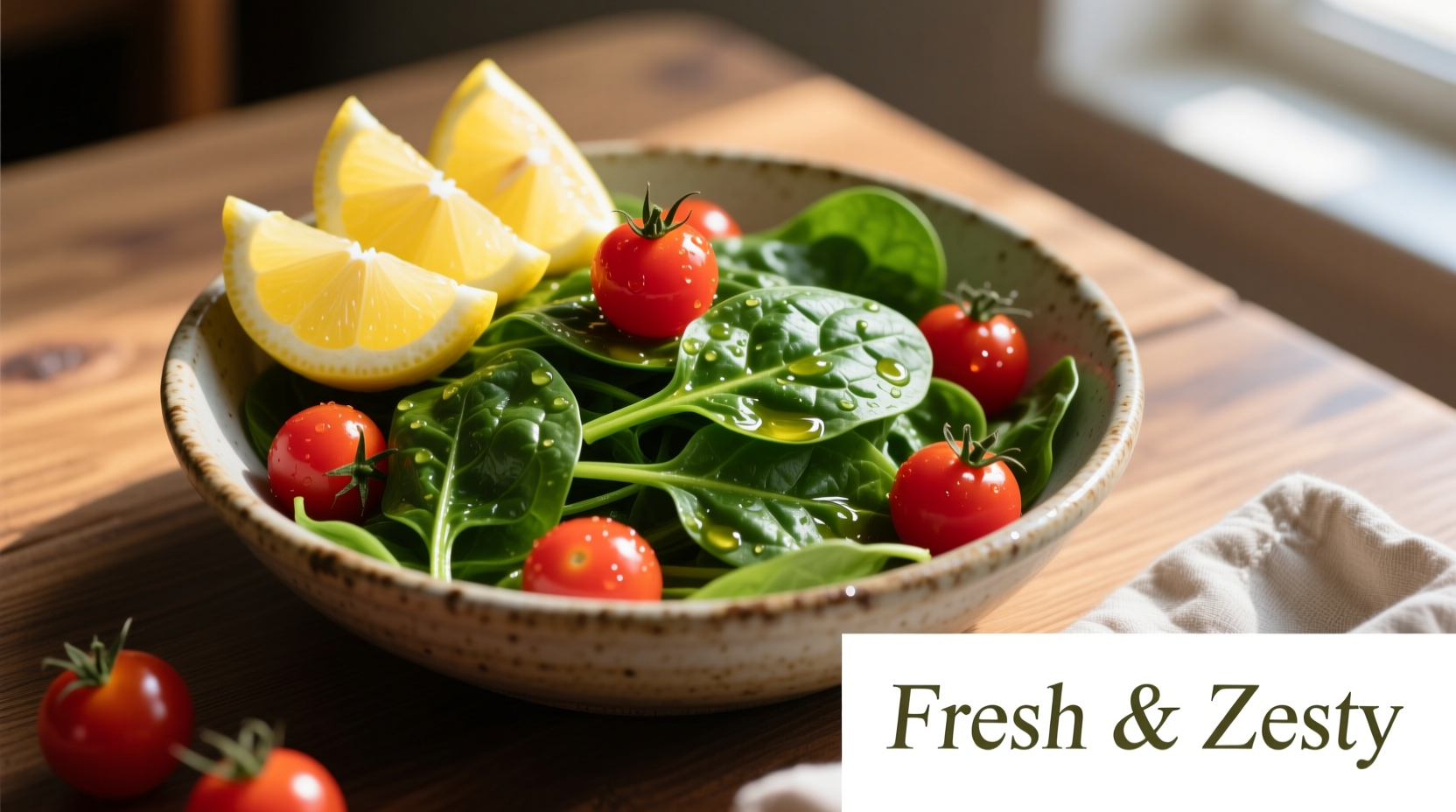 Cooked spinach with lemon wedges and cherry tomatoes