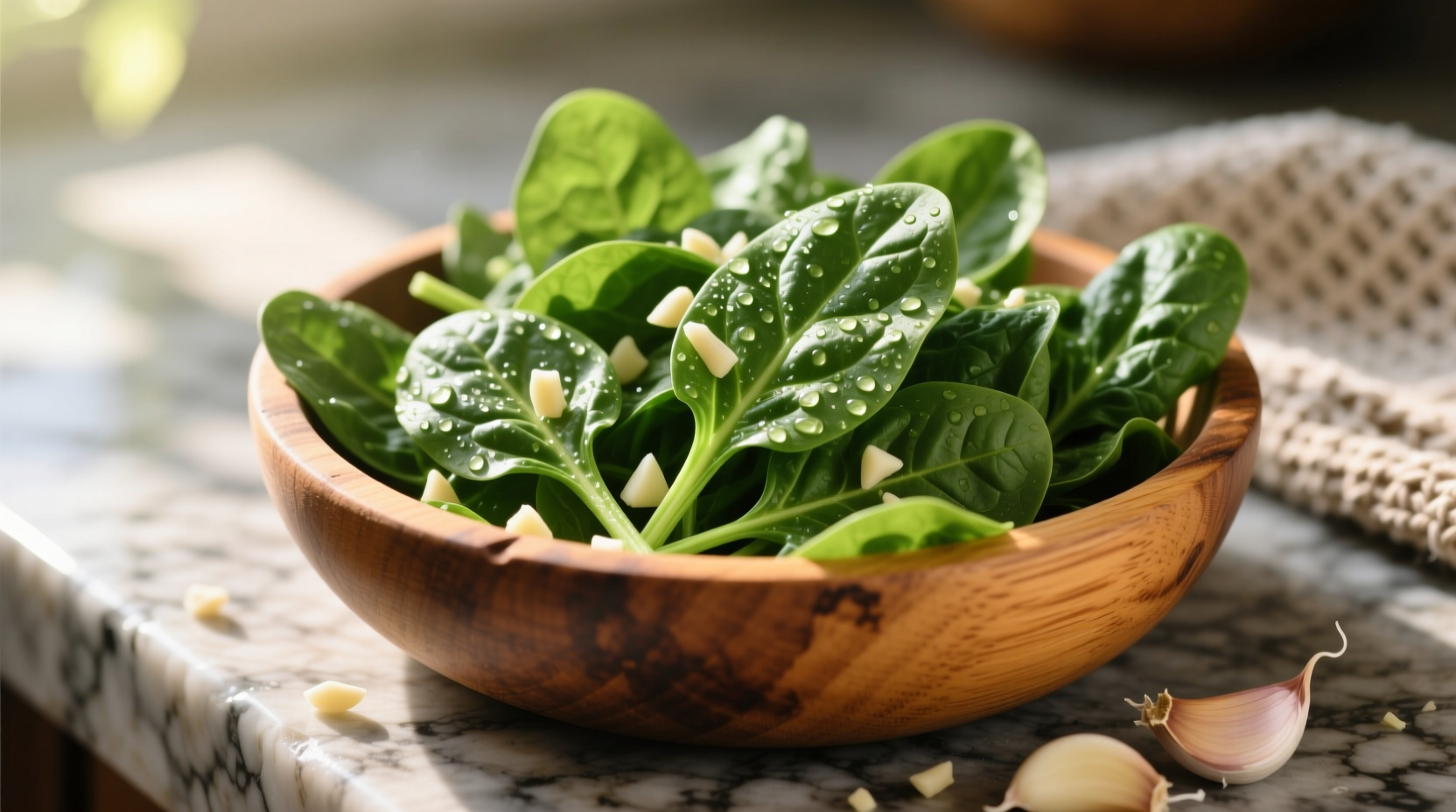 Fresh spinach and kale in wooden bowl with garlic