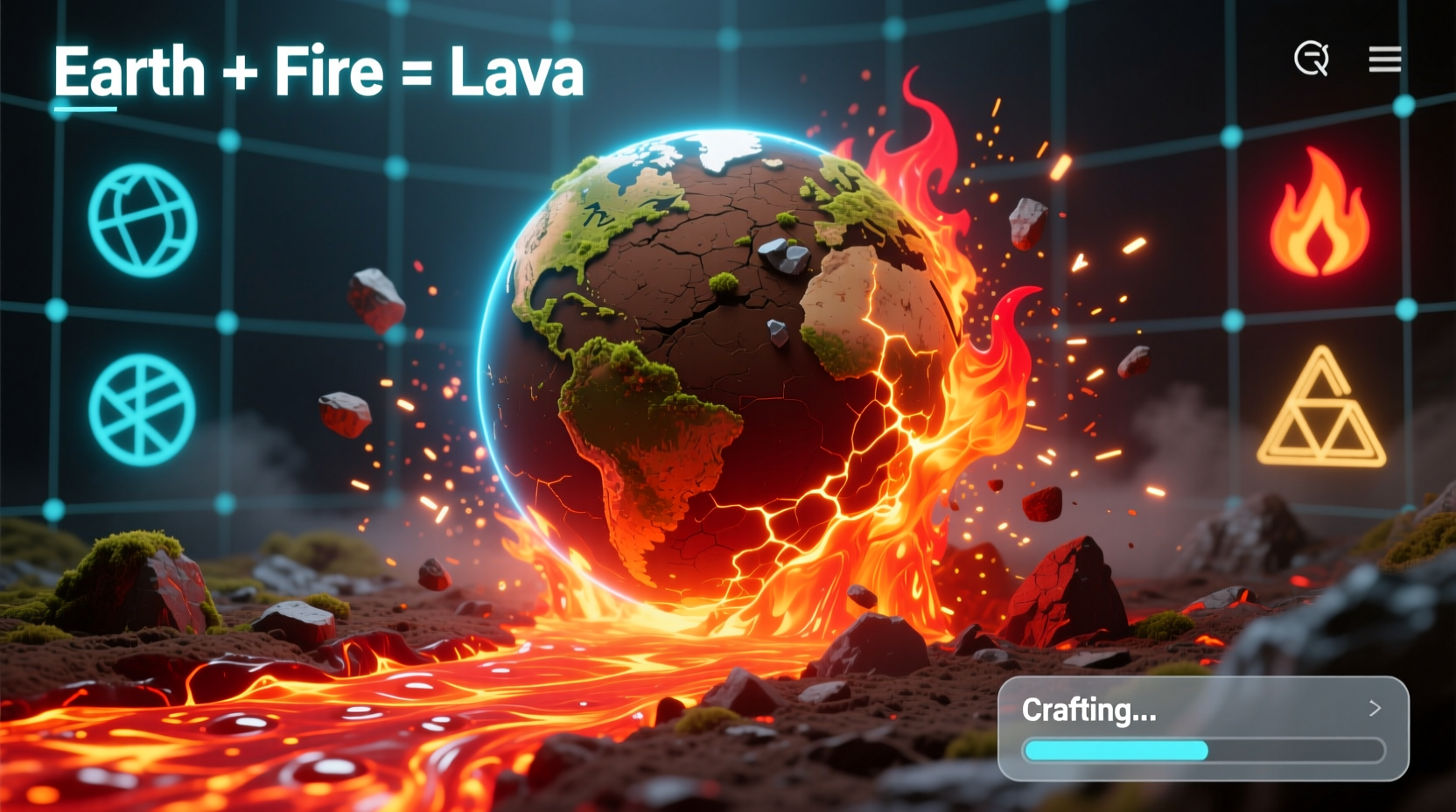 Infinite Craft interface showing earth and fire combining to create lava