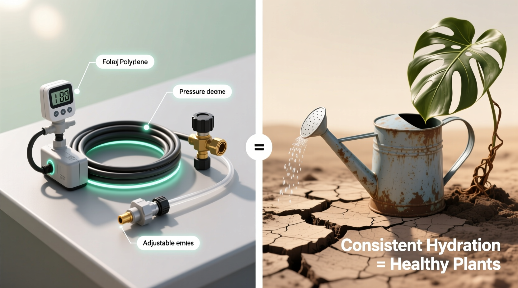 Side-by-side comparison: left shows a compact, modular drip irrigation kit with labeled components (timer, tubing, pressure regulator, adjustable emitters); right shows a hand-watering can next to a cracked, parched soil surface and a wilting monstera leaf—illustrating the consequence of inconsistent hydration.