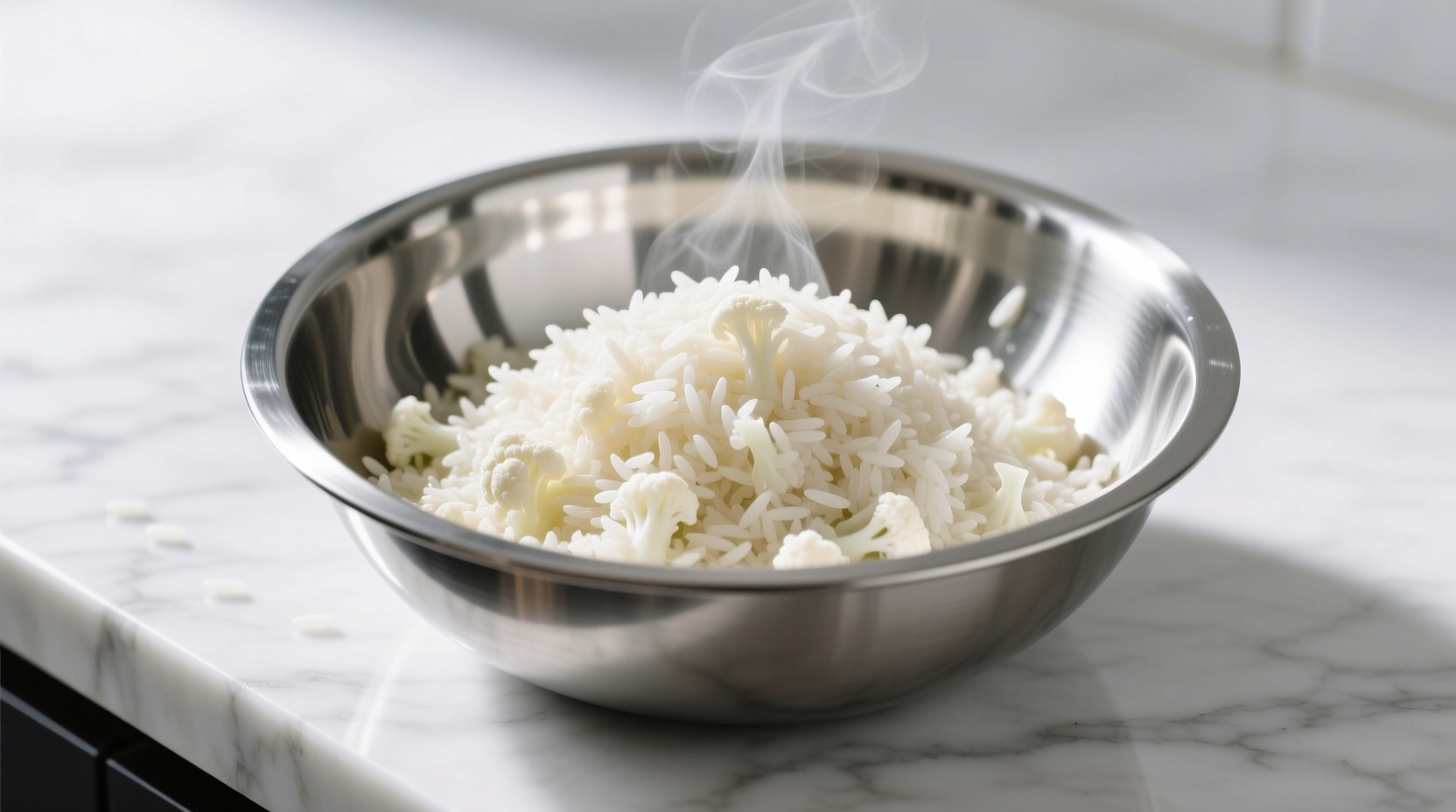 Fresh cauliflower rice in stainless steel bowl
