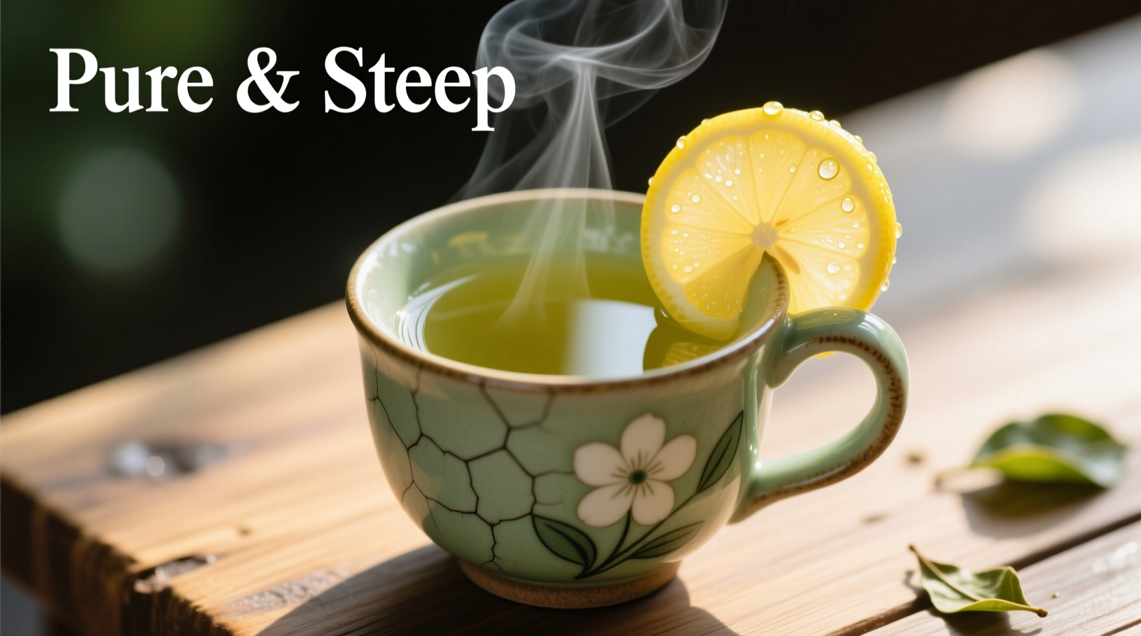 Perfectly brewed green tea in a ceramic cup with fresh lemon slice