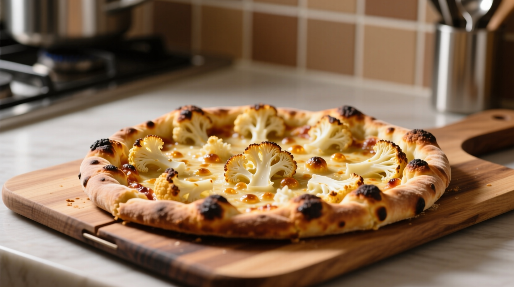 Golden brown cauliflower pizza crust on baking sheet