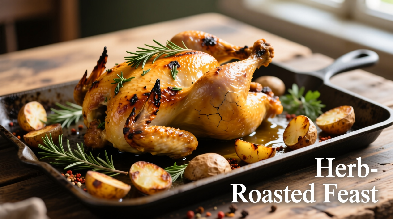 Golden roasted chicken and potatoes with herbs on sheet pan