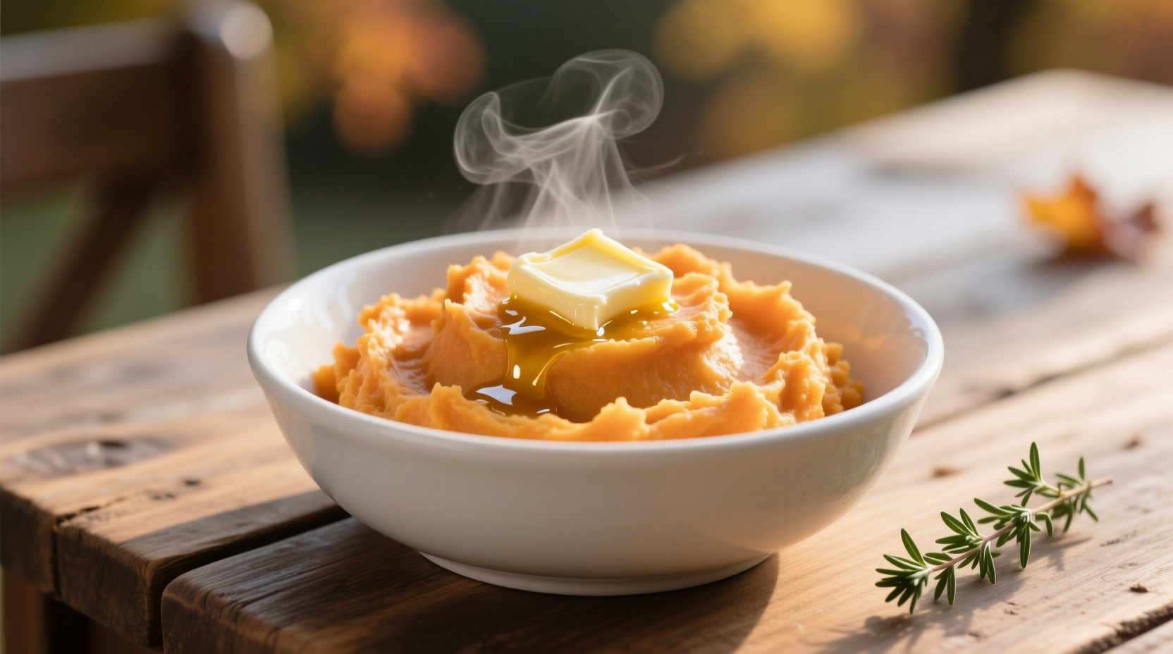 Creamy mashed sweet potatoes in white bowl