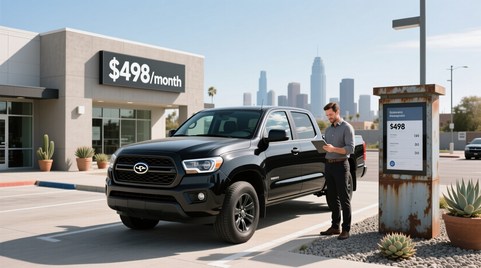 Person reviewing pickup truck lease agreement on tablet at dealership