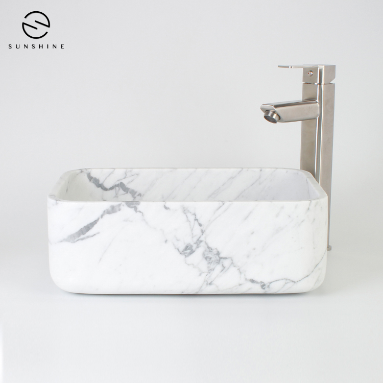 Italian Bianco Carrara White Marble Stone Top Mounted Bathroom Wash Basin