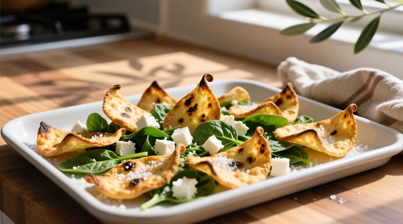 Golden Mediterranean spinach and feta crisps on baking sheet