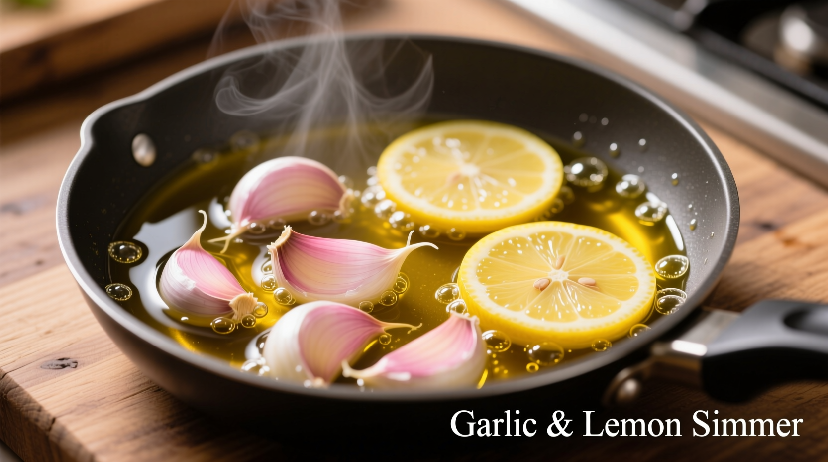 Fresh garlic cloves simmering in olive oil with lemon slices