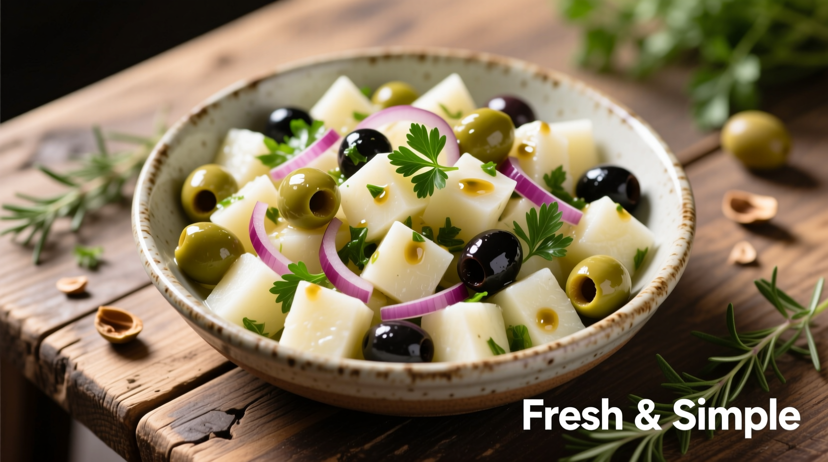 Fresh potato salad with olives in serving bowl