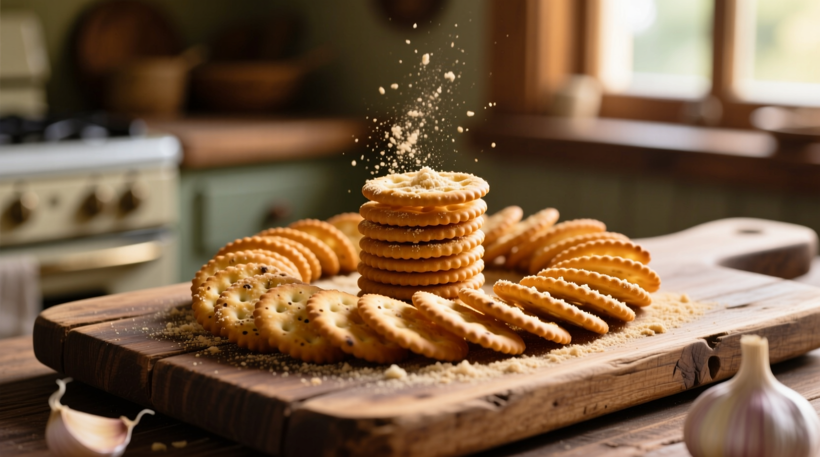 Garlic Ritz crackers arranged on a wooden board