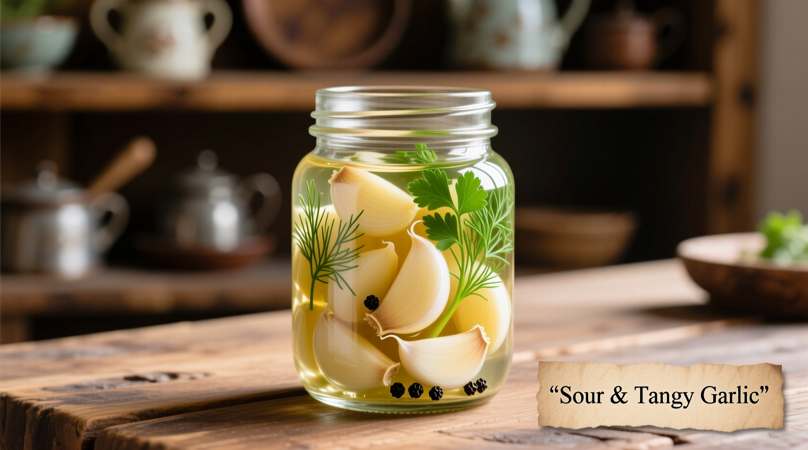 Sliced pickled garlic cloves in glass jar with herbs