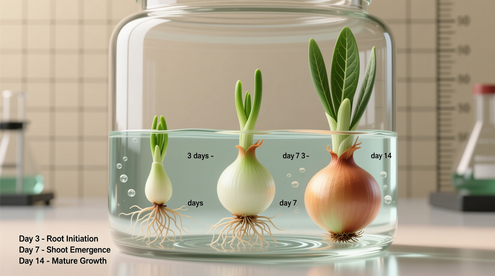 Onion regrowth stages in water container