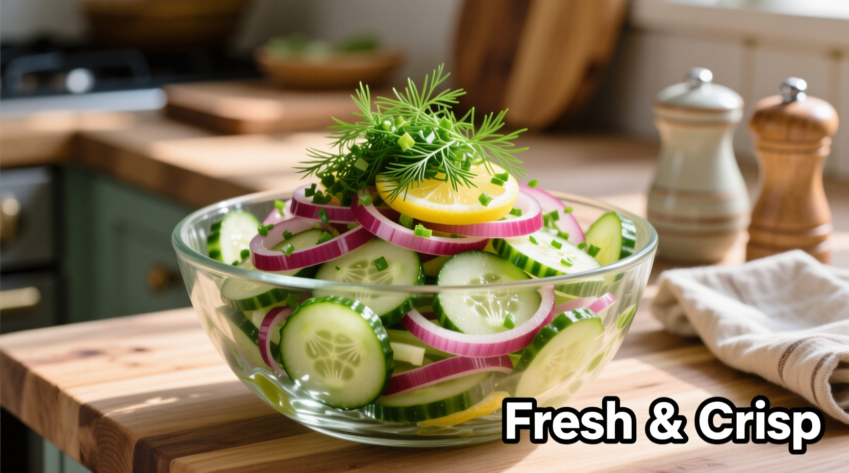 Crisp cucumber onion salad in glass bowl with fresh dill