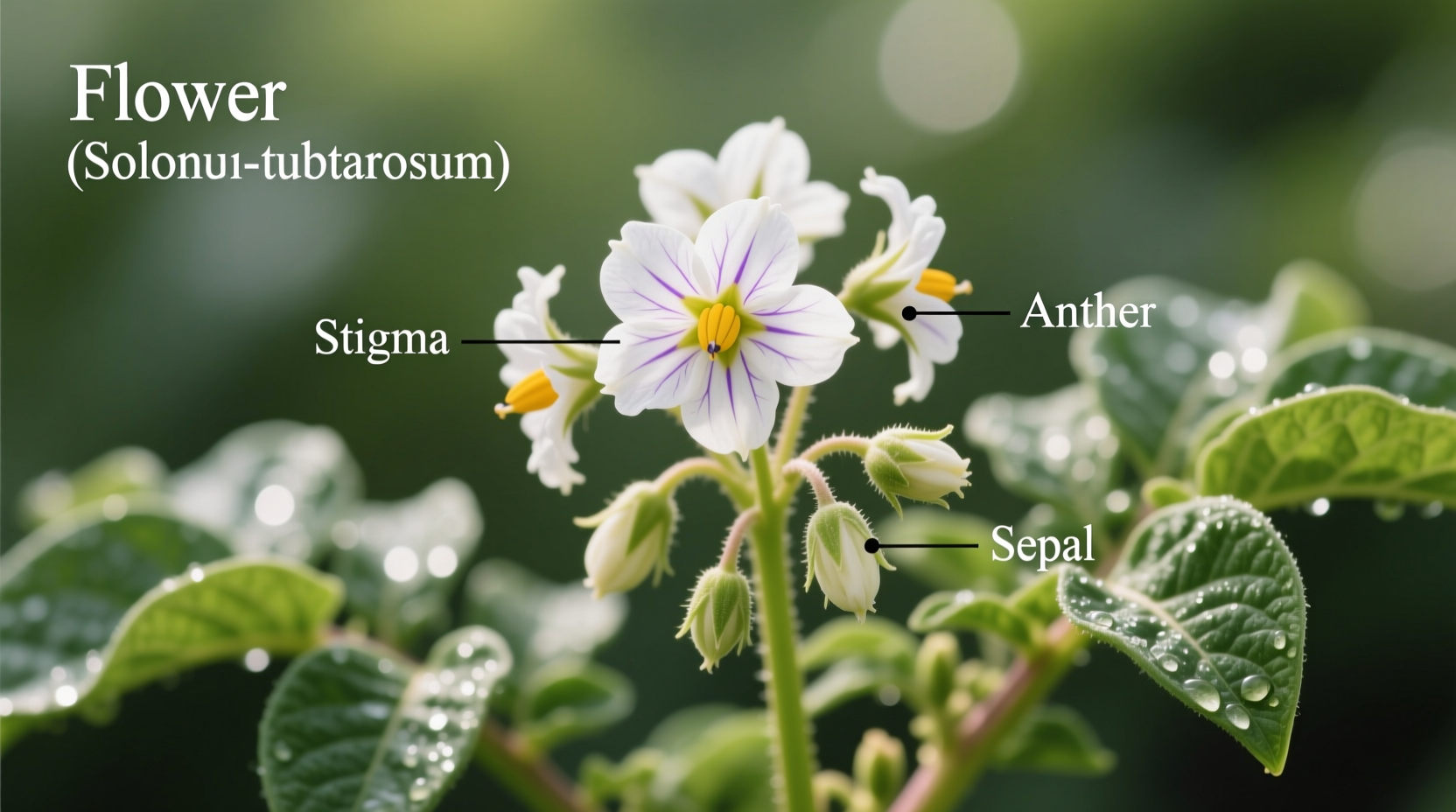 Close-up of potato plant flowering with scientific labels