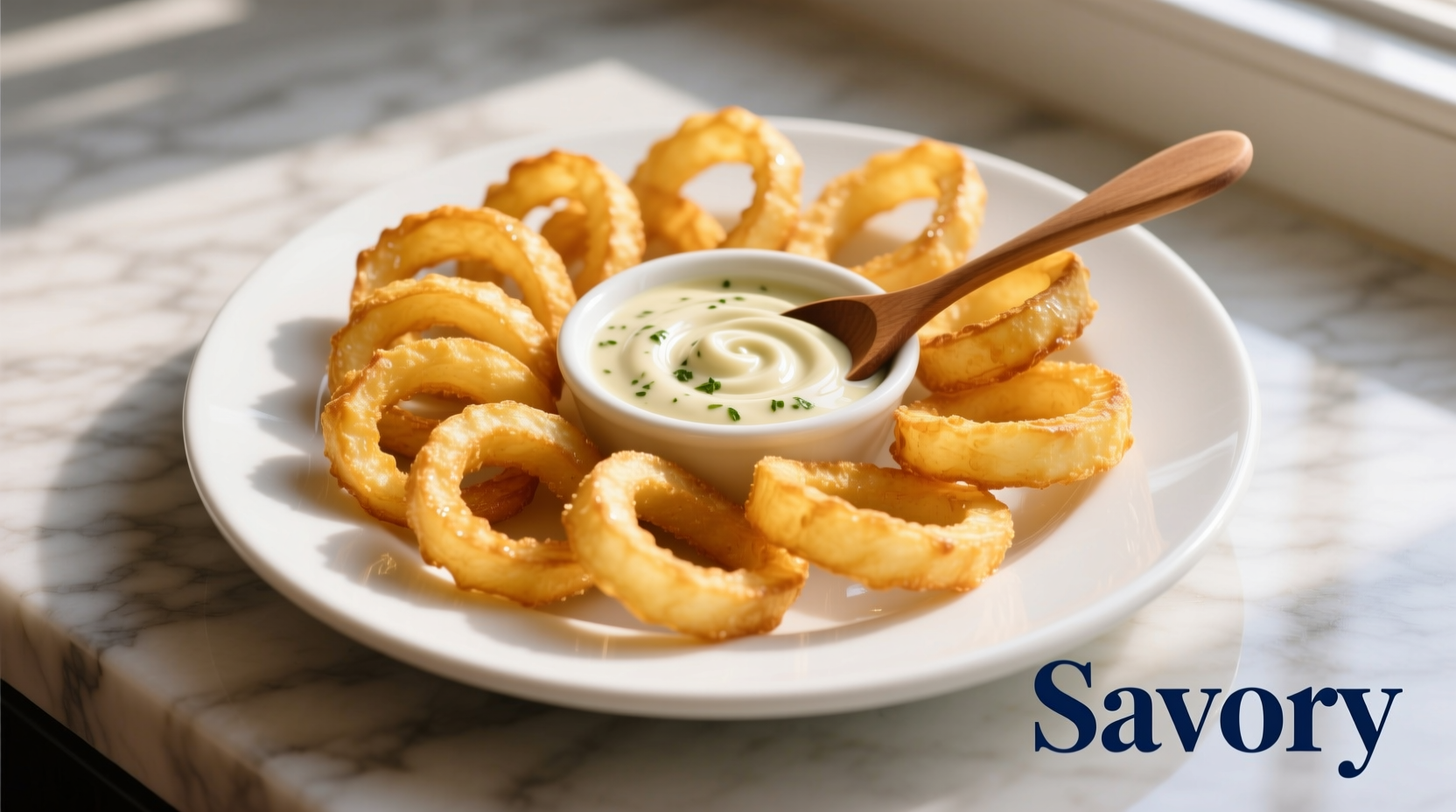 Golden onion fries on white plate with dipping sauce