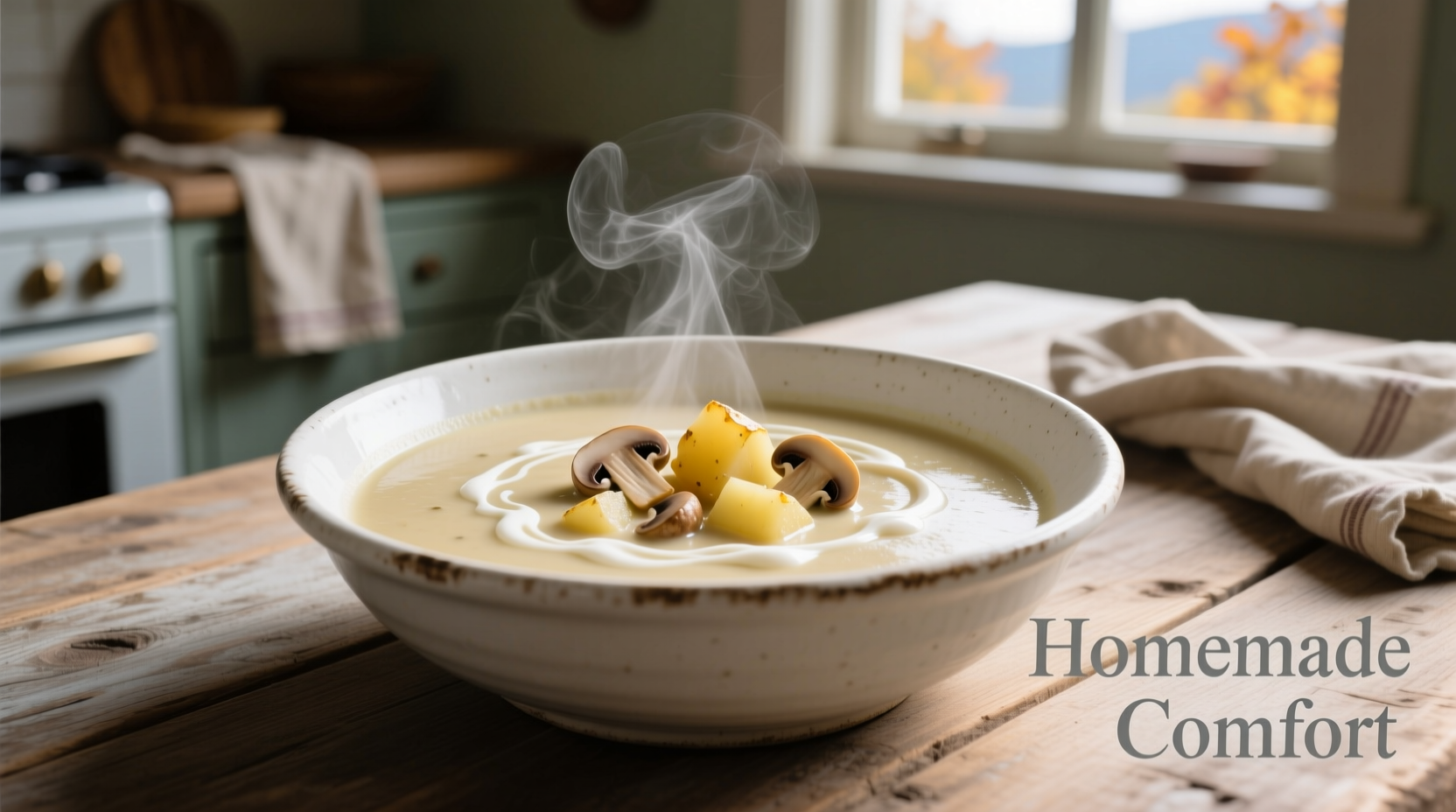 Creamy potato mushroom soup in white bowl