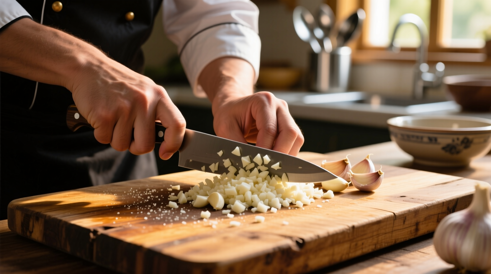Chef mincing fresh garlic on wooden cutting board