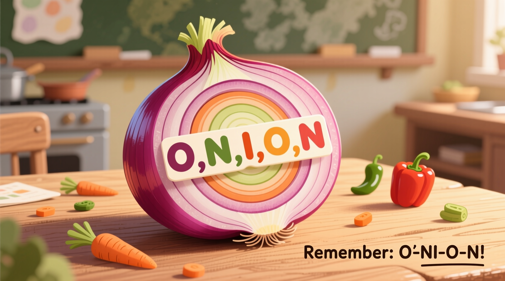 Onion spelling visual memory aid showing O-N-I-O-N letters
