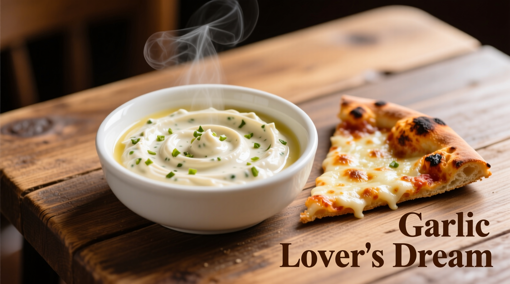 Creamy garlic dip served in white bowl with pizza slice