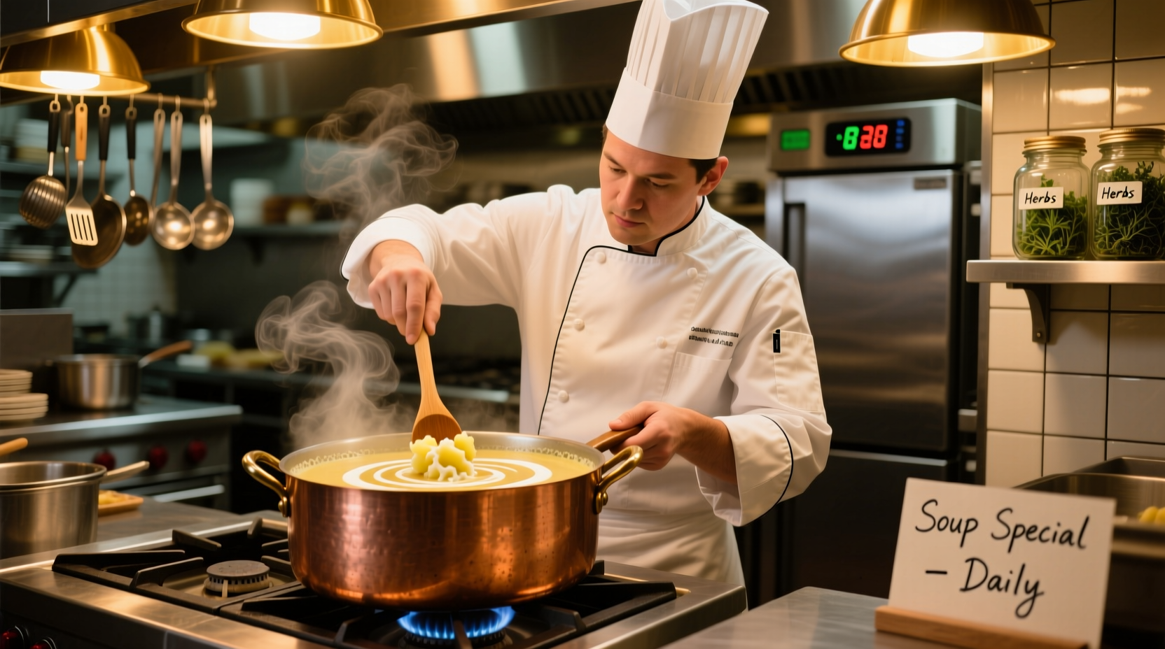 Chef preparing creamy potato soup in restaurant kitchen