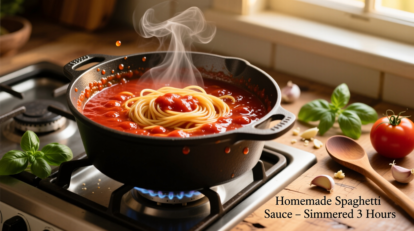 Homemade spaghetti sauce simmering in a pot