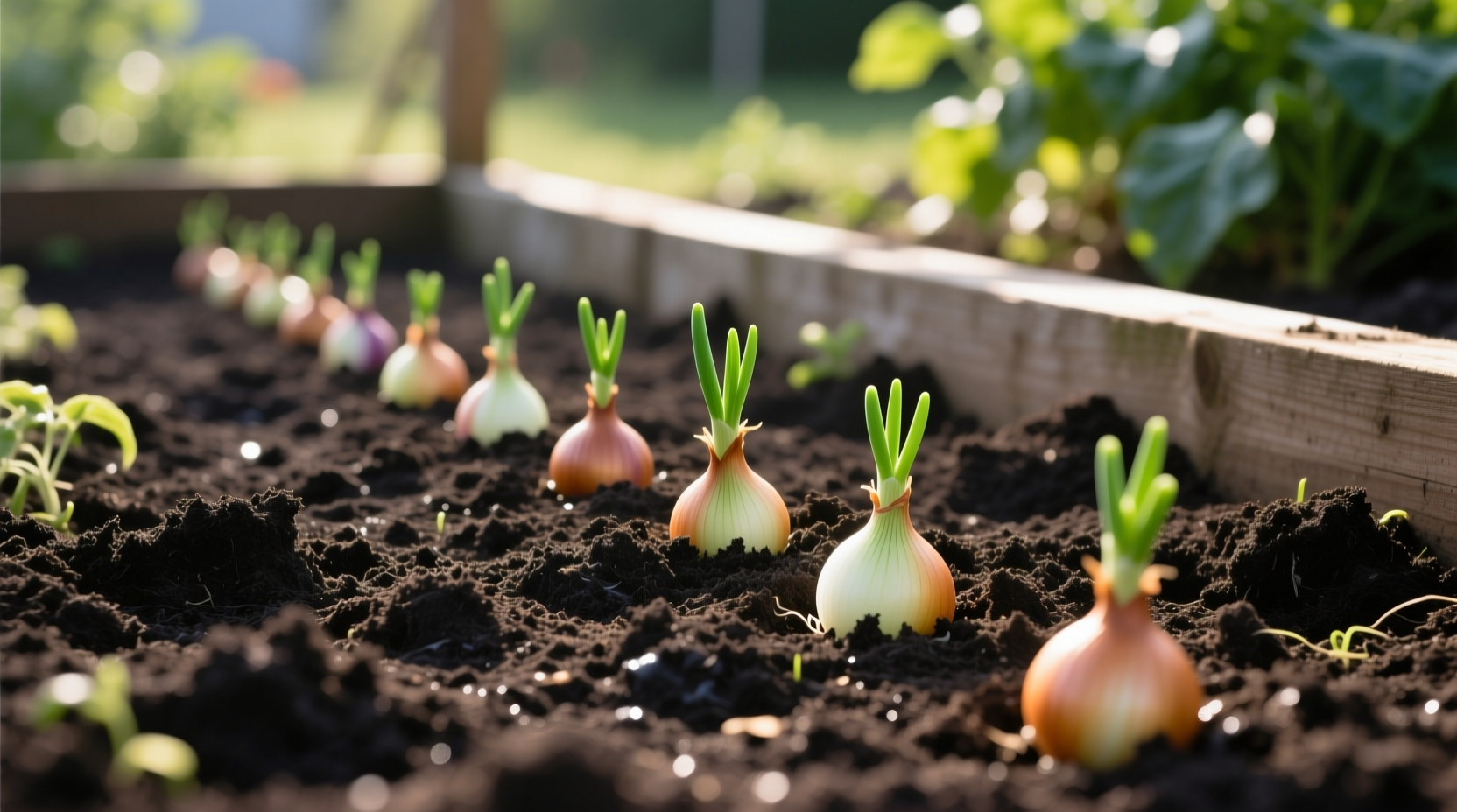 Properly planted onion sets in garden soil
