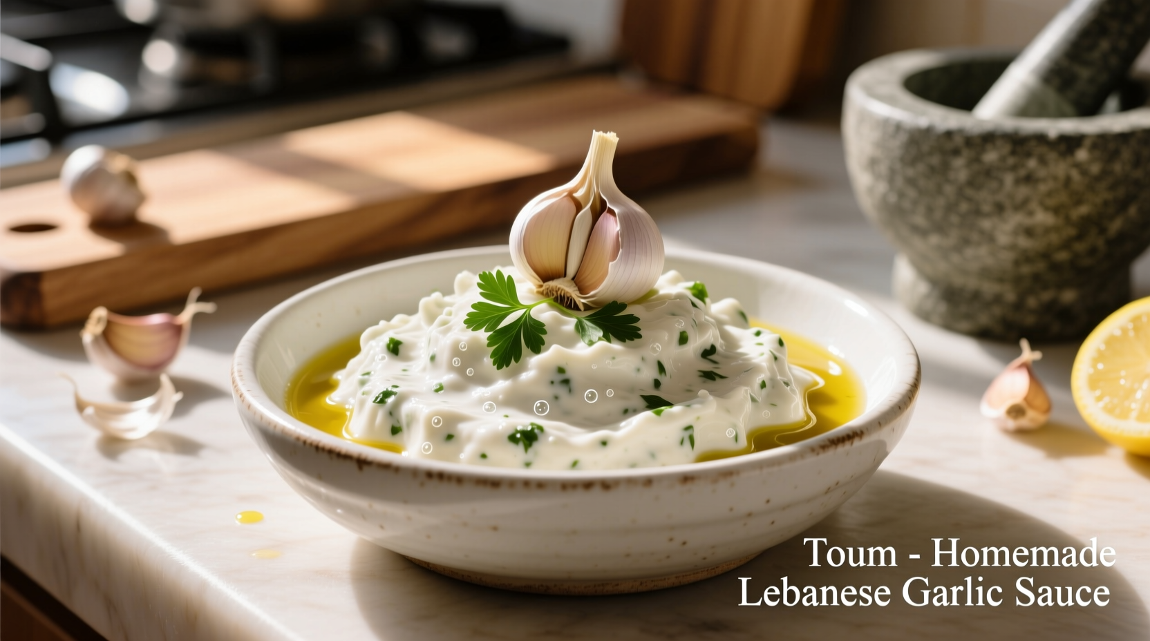 Homemade Lebanese garlic sauce in white bowl