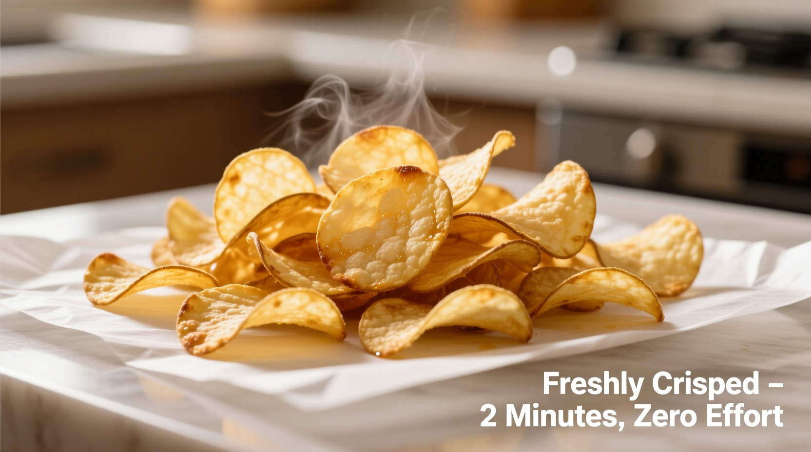 Freshly made microwave potato crisps on parchment paper