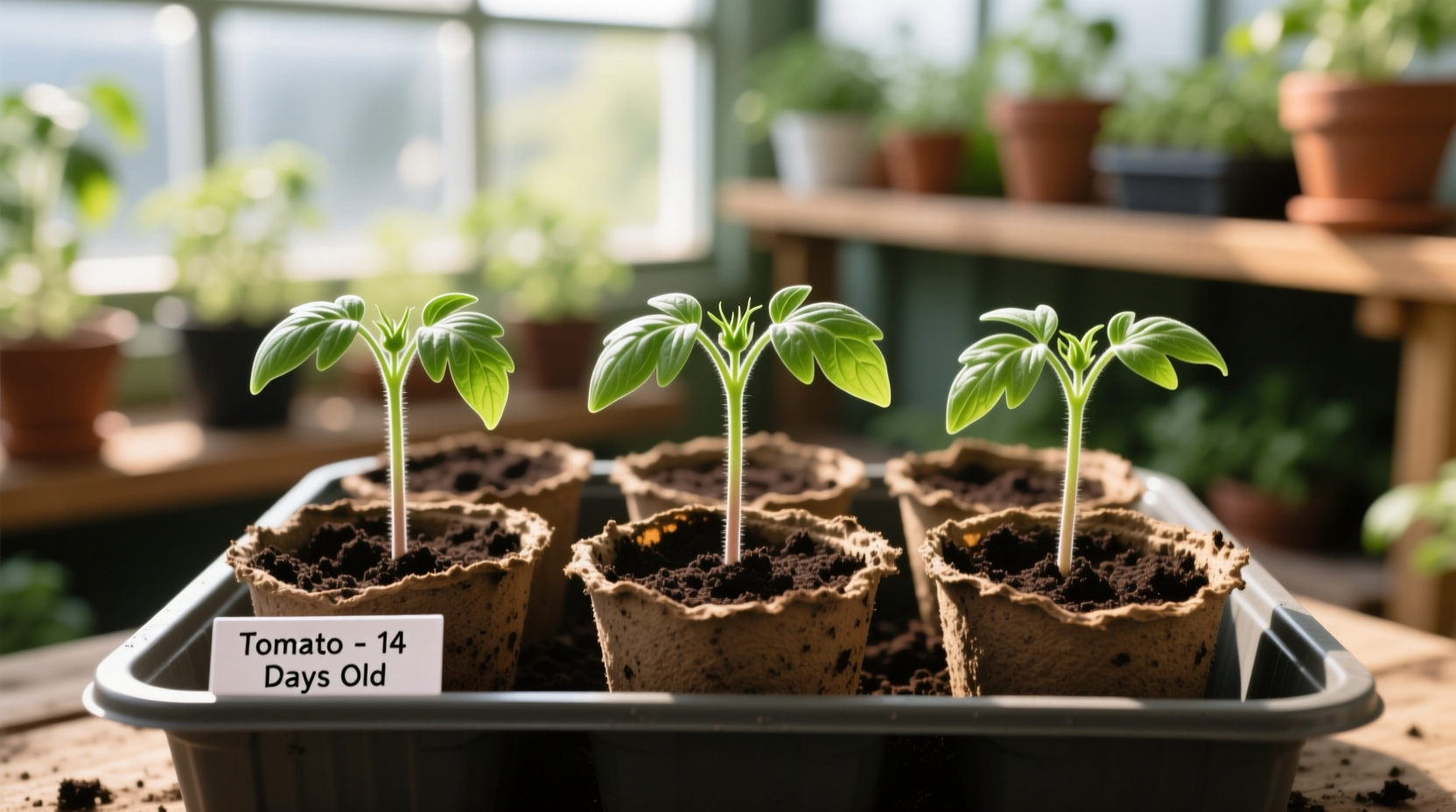 Tomato seedlings growing in starter pots with proper spacing
