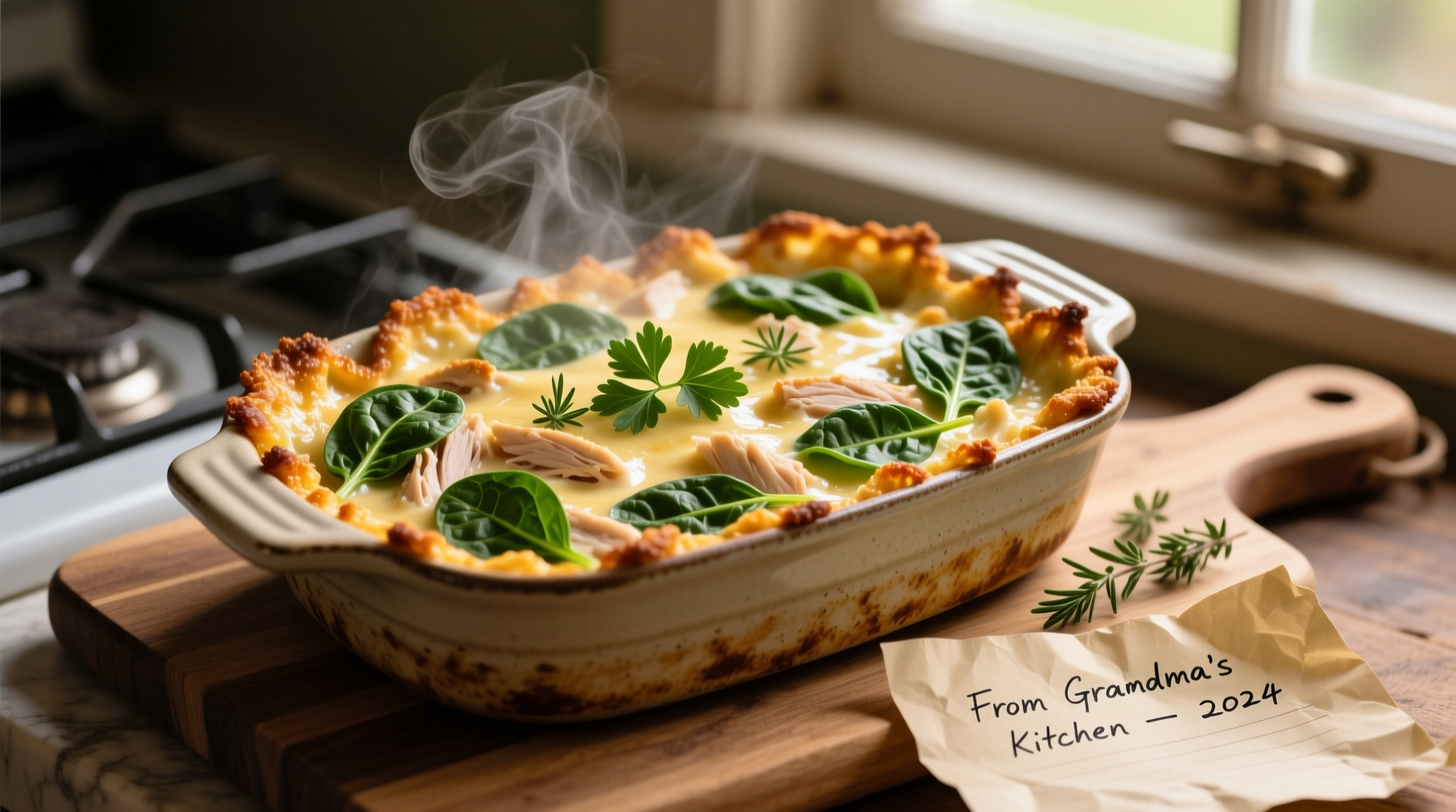 Golden spinach chicken casserole fresh from oven