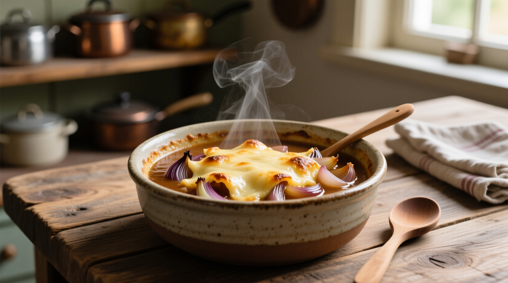 Homemade French onion soup in a ceramic bowl with melted cheese topping
