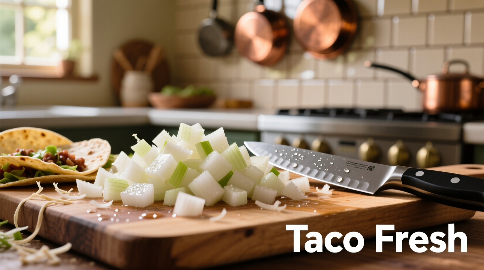 Fresh white onions chopped for tacos on cutting board
