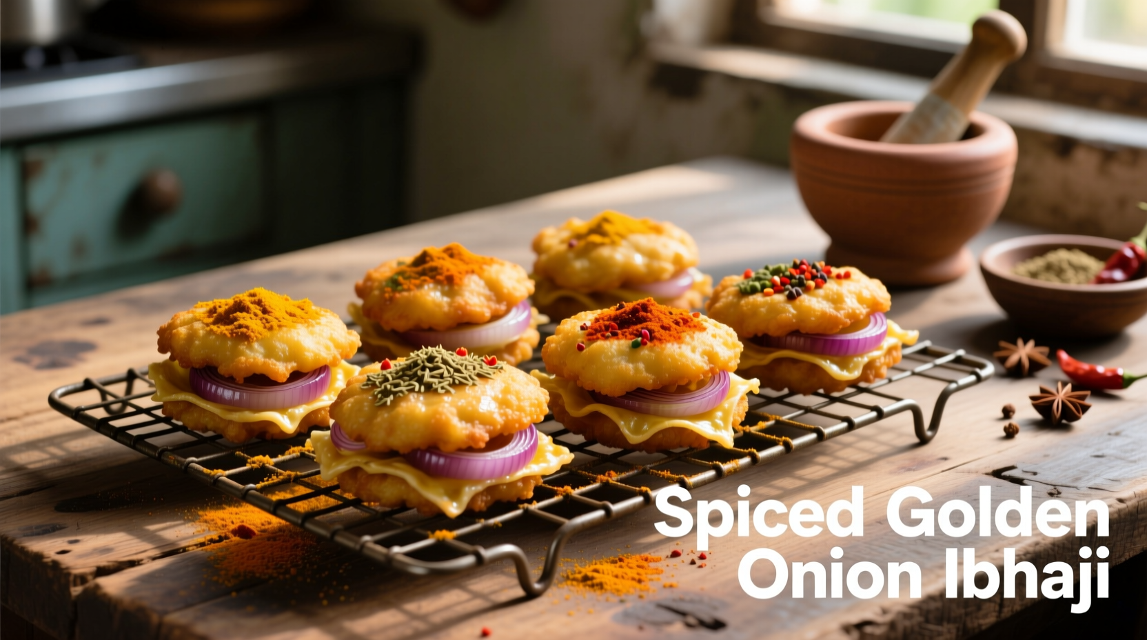 Golden onion bhaji fritters on wire rack with spices