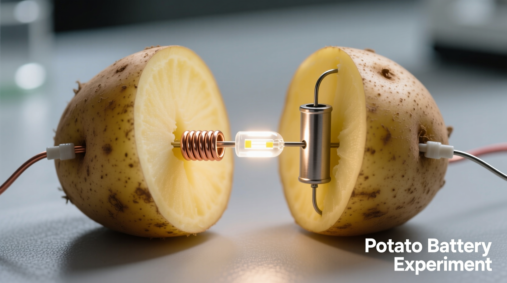 Potato battery powering LED light with copper and zinc electrodes
