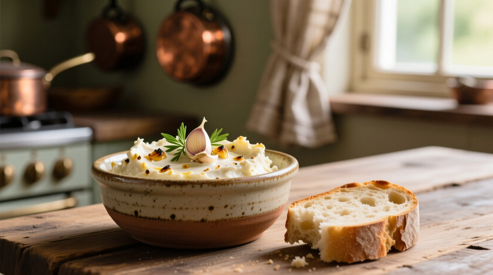 Homemade garlic spread in ceramic bowl with bread