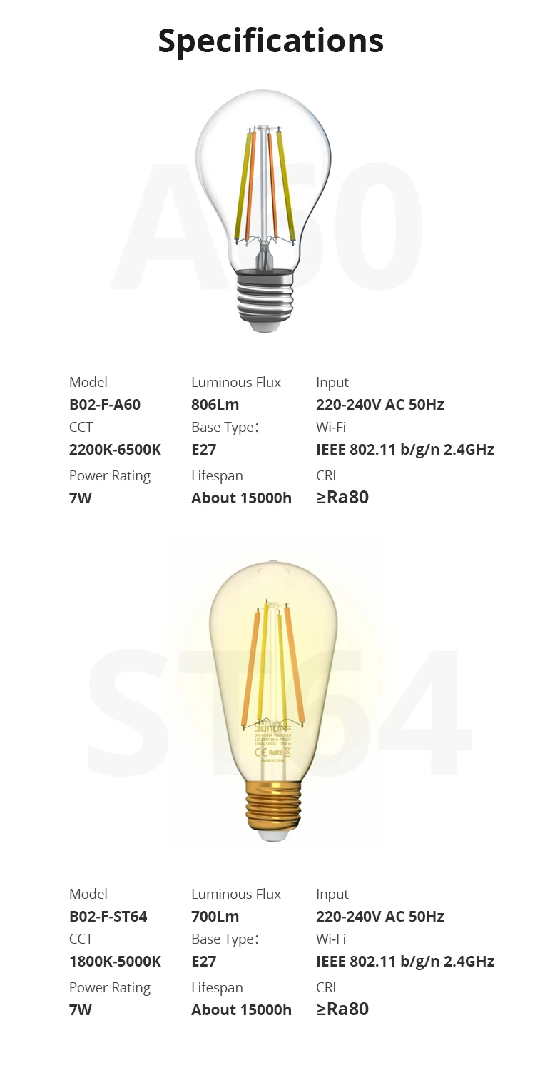 SONOFF B02-F A60 Smart Wi-Fi LED Filament Bulb E27 Dimmer Vintage With Colorful Lamps
