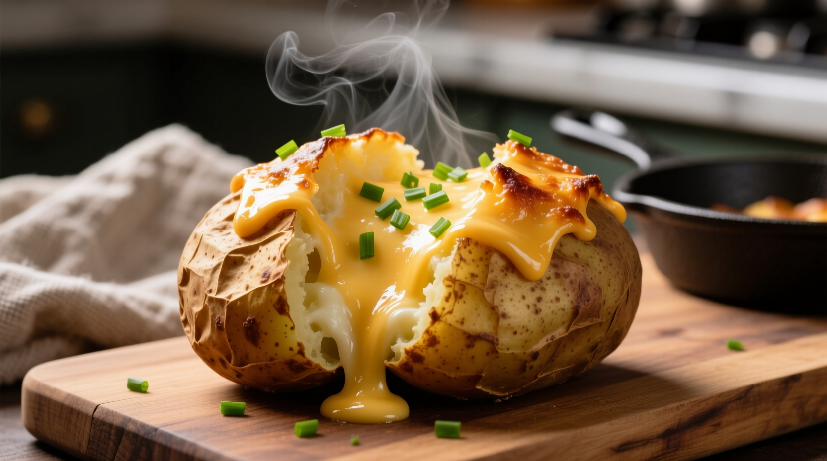 Perfectly reheated twice baked potato with melted cheese