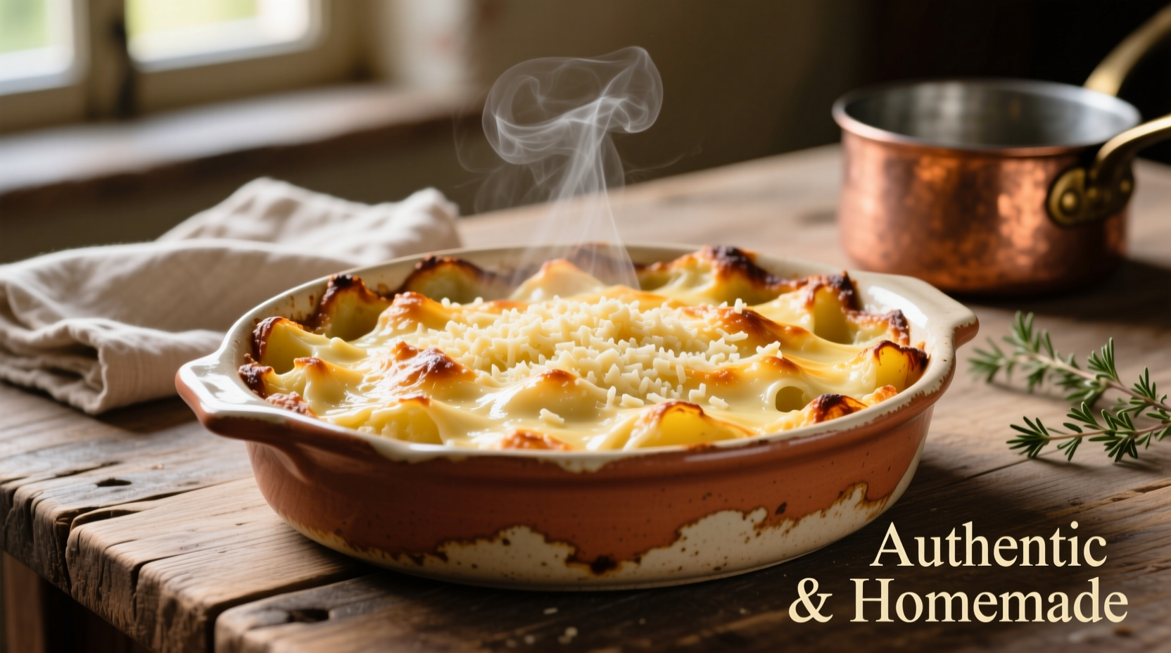 Golden brown potato gratin in ceramic dish