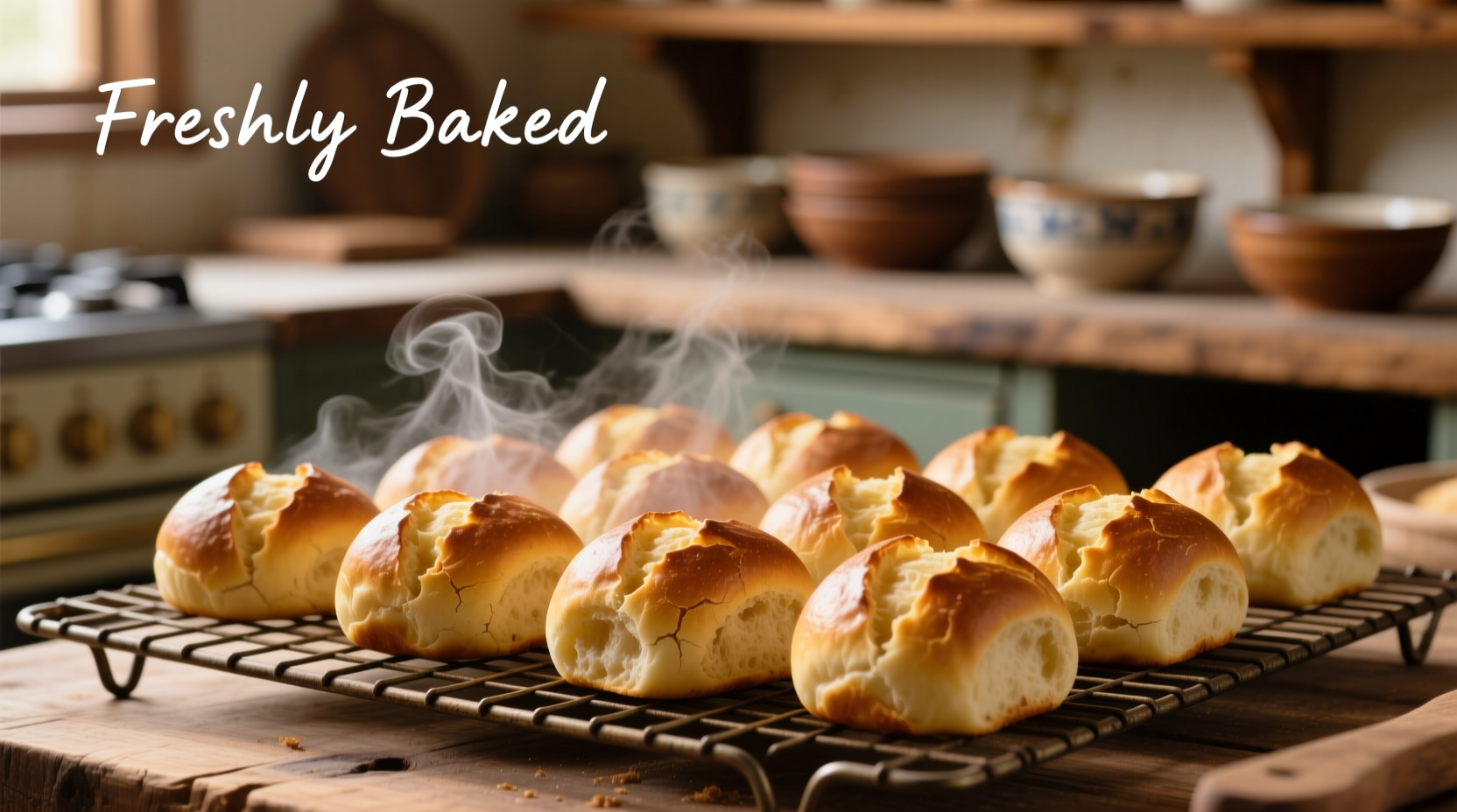 Golden brown potato buns cooling on wire rack