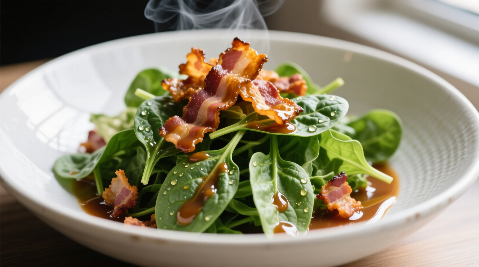 Spinach salad with warm bacon dressing in white bowl