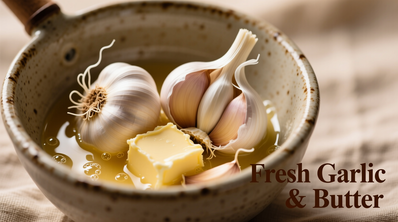 Fresh garlic cloves and softened butter in mixing bowl