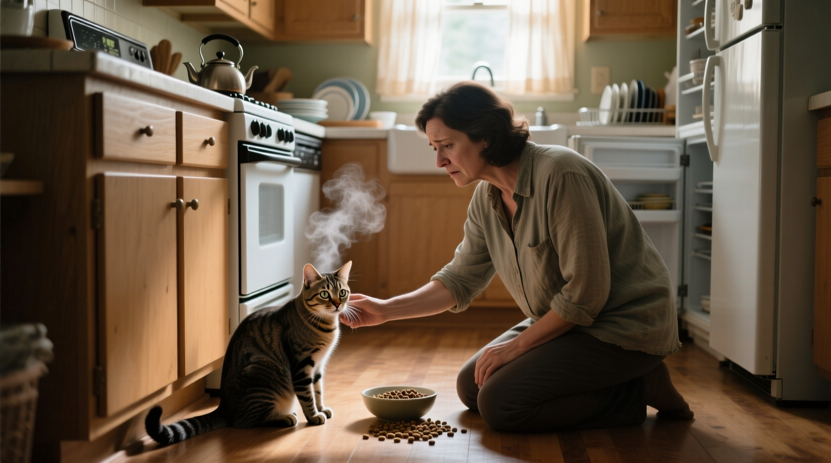 Cat owner checking on distressed cat near kitchen