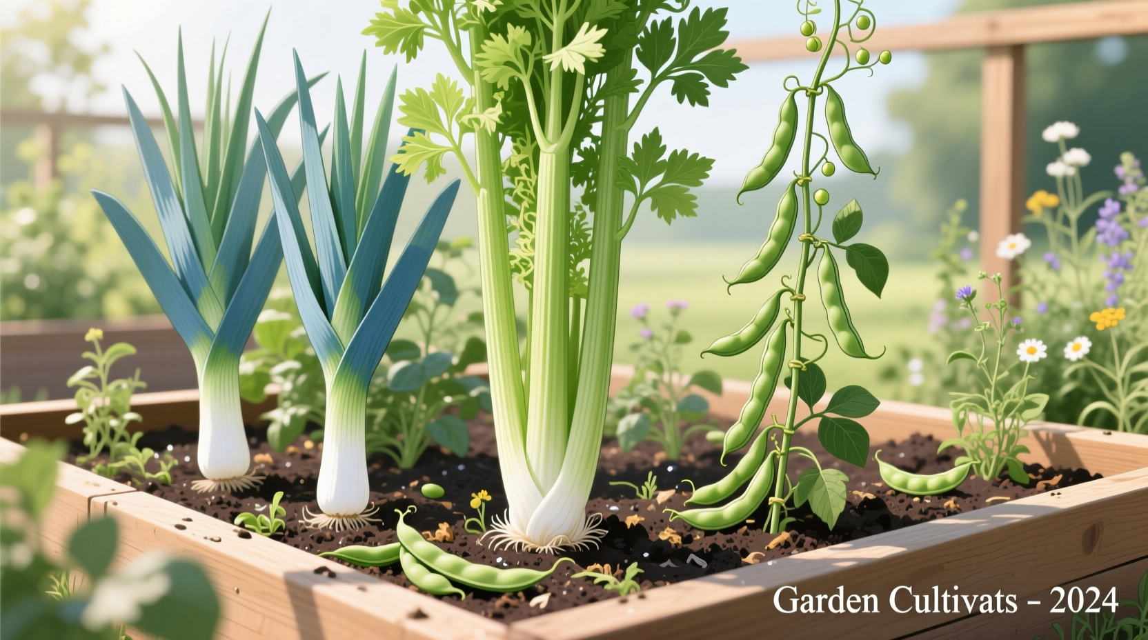Celery growing alongside leeks and beans in raised garden bed