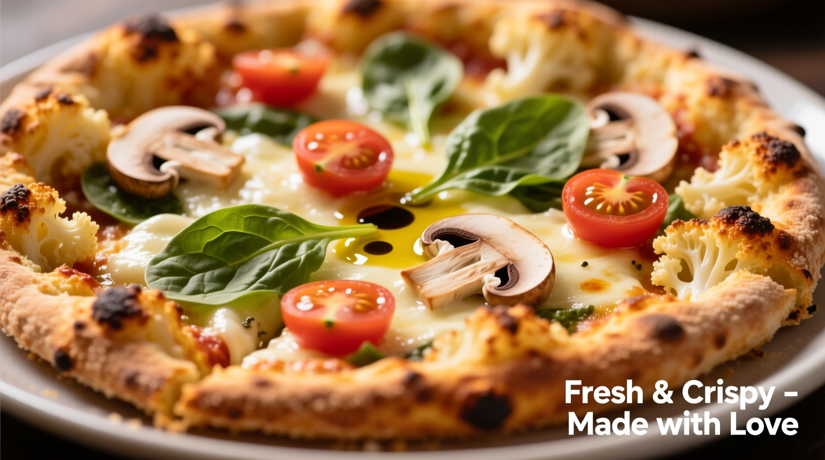 Crispy golden cauliflower pizza base with fresh toppings